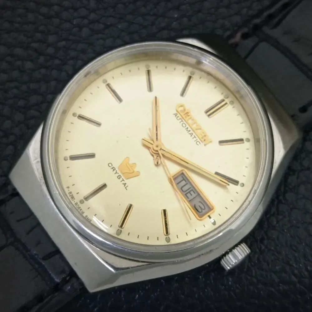 Vintage 1988 Citizen Automatic Mens Silver Watch W/daydate & Beige accents